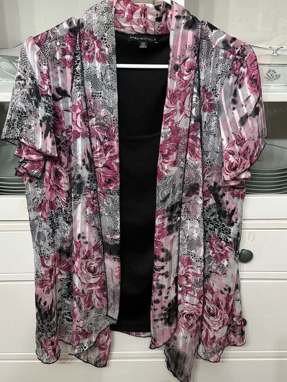 Sara Michelle Open Front Shirt With Attached Tank Womens 1X Purple Floral Blouse